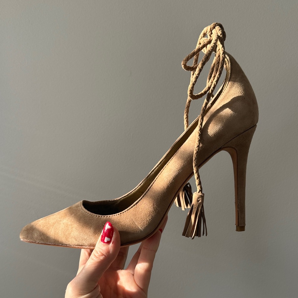 Joie Angelina suede braided tie Tan Lace-Up 4.5” Heels size 40 W9.5